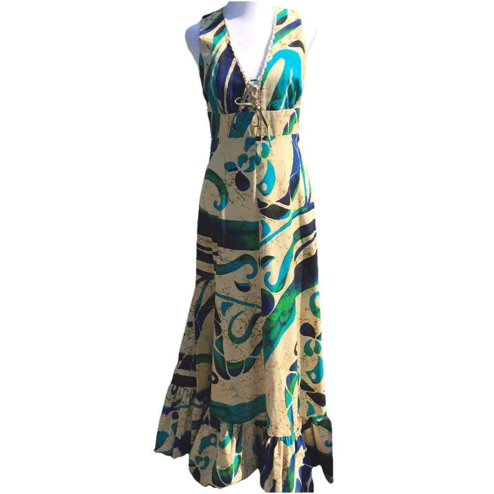 Vtg 70s Malama Hawaii Boho Lace Up Empire Hawaiian Floral Maxi Dress Hippie M